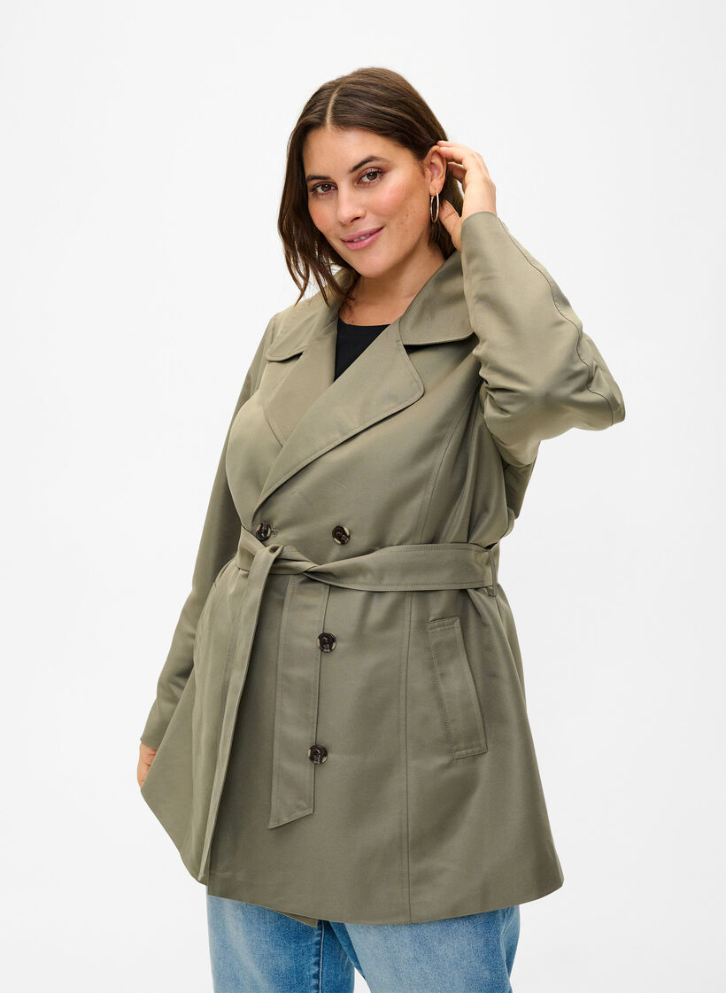 Korte trenchcoat met riem, Groen, Model image number 0