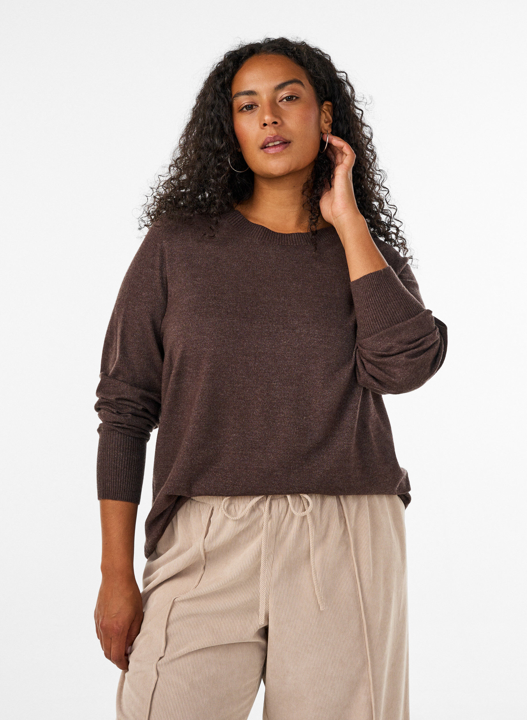 Gebreide blouse met ronde hals, Bruin, Model