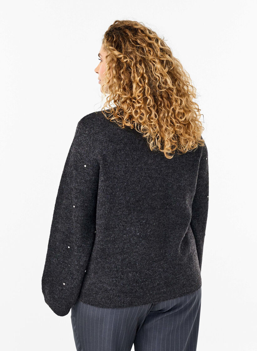 Gebreide blouse met bergkristallen en een hoge halslijn, Dark Grey Melange, Model