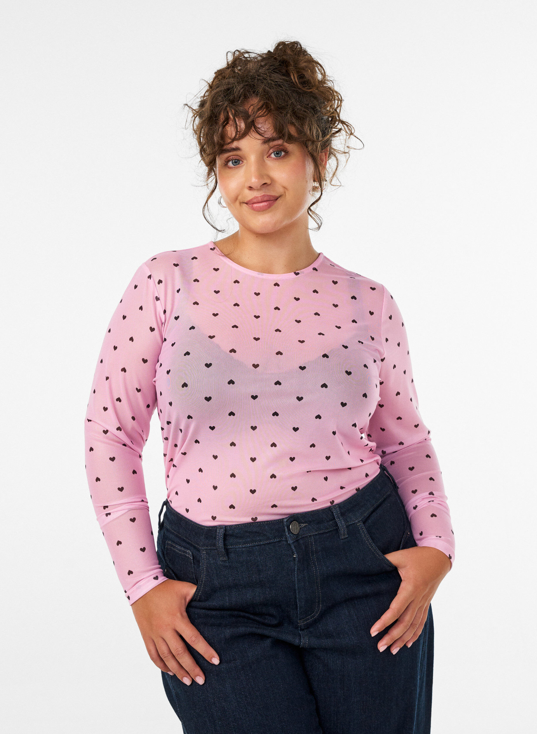 Mesh blouse met print, Roze, Model