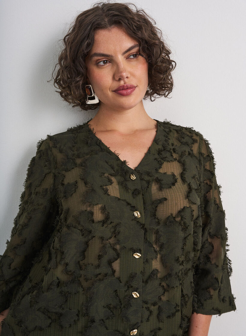 Blouse met rafelige draden en textuur, Groen, Model image number 3