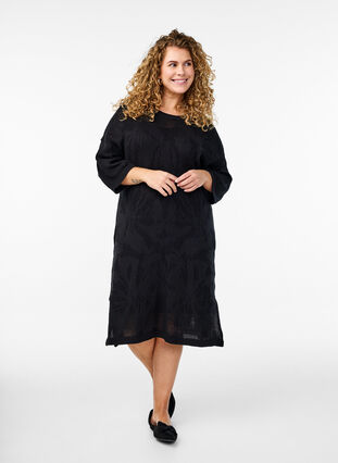 ZizziGebreide jurk met opengewerkt patroon en 3/4 mouwen, Black, Model image number 0