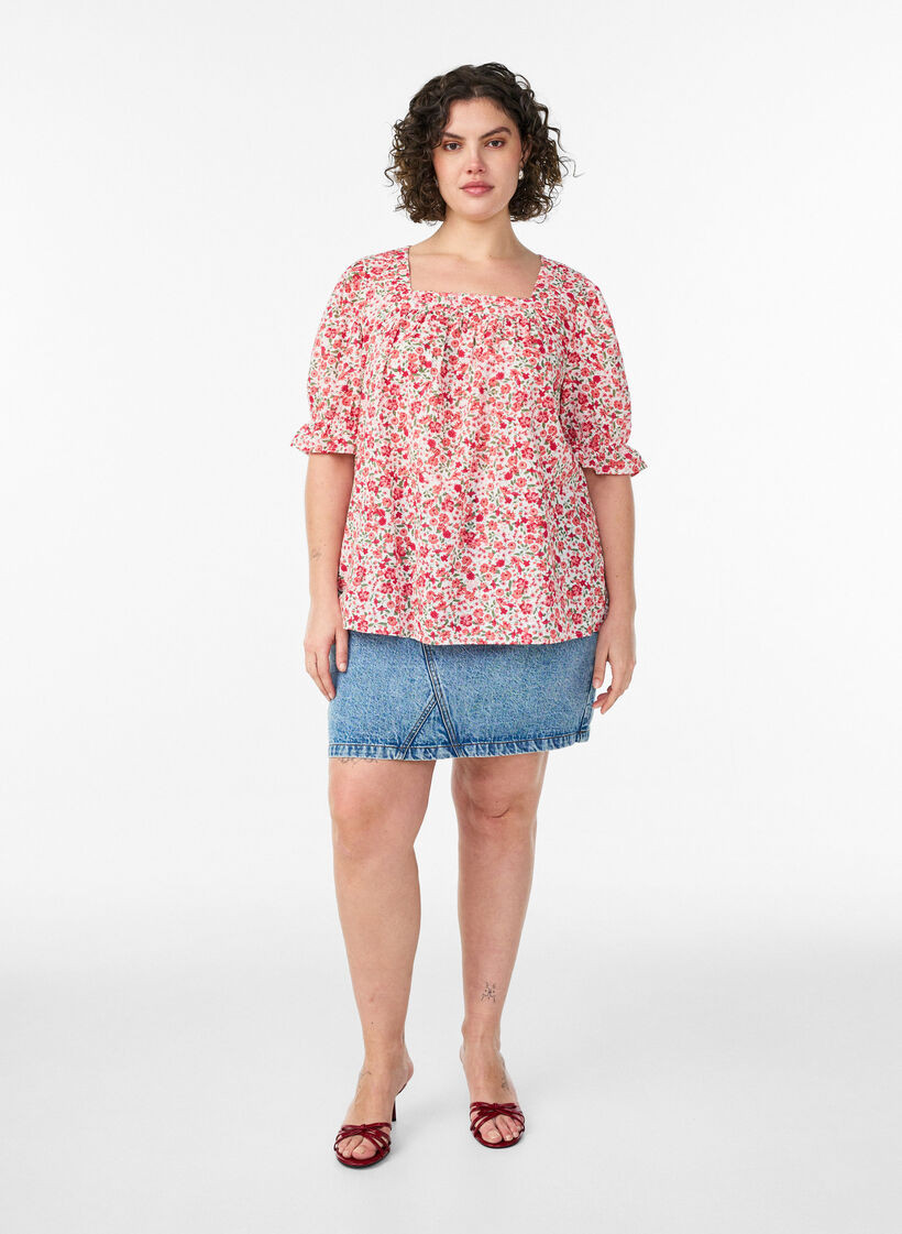 Katoenen blouse met vierkante halslijn, Rood, Model image number 1