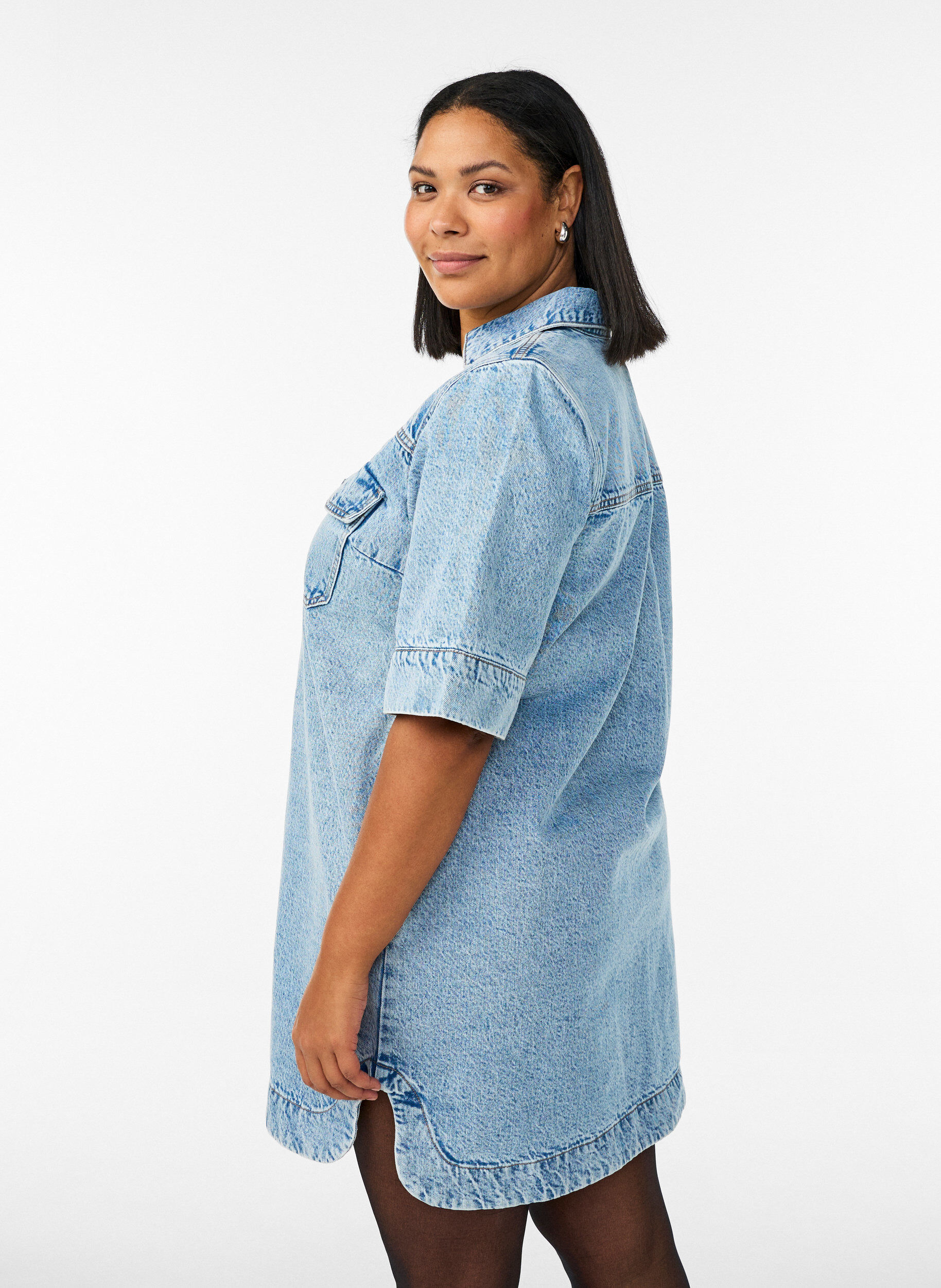 ZizziKortemouwen denim jurk met kraag en knoopsluiting, Blauw, Model image number 2