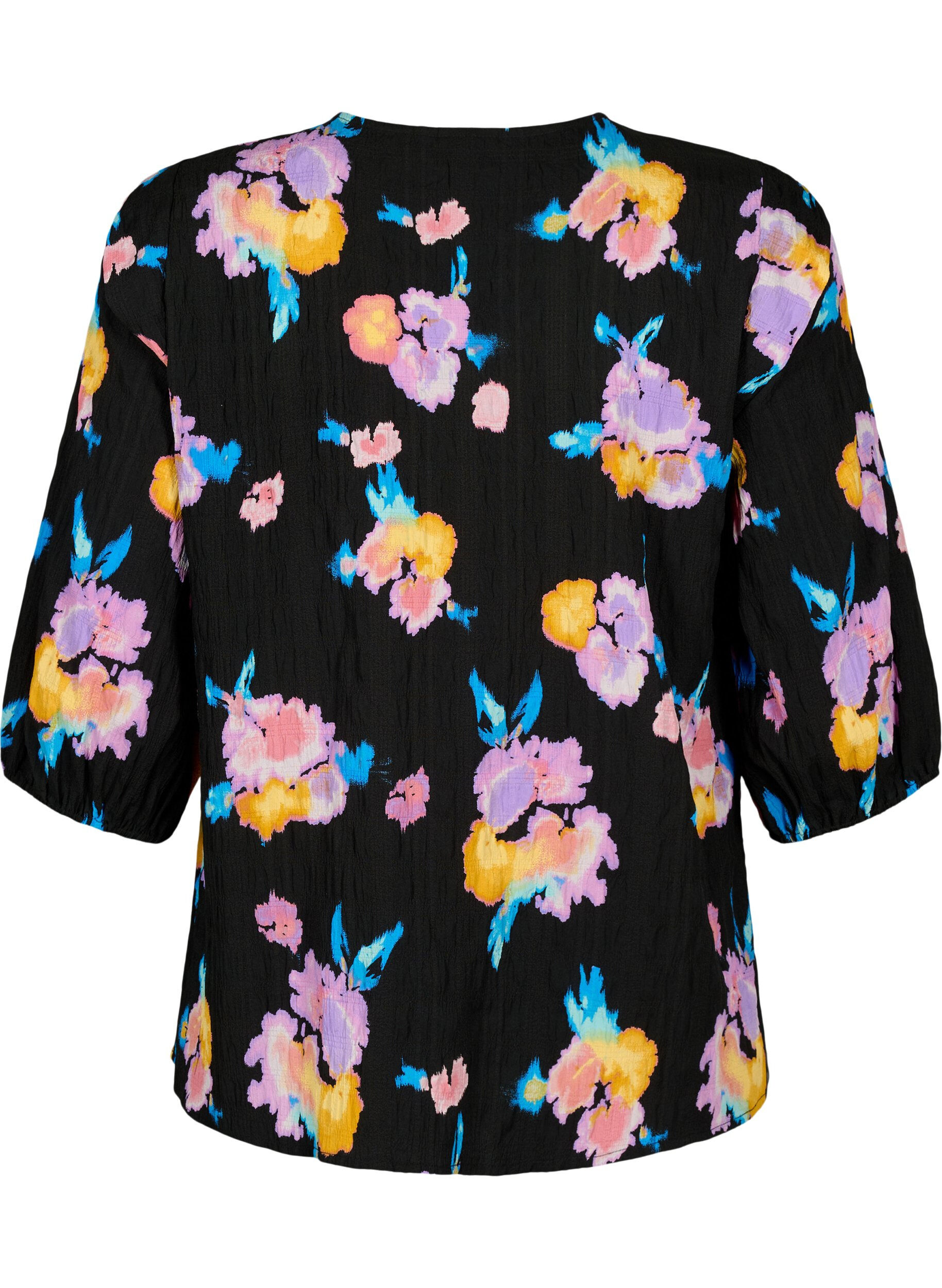 ZizziGebloemde blouse met ronde hals en ritssluiting, Zwart, Packshot image number 1