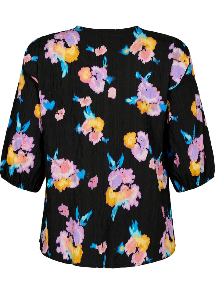 Gebloemde blouse met ronde hals en ritssluiting, Zwart, Packshot image number 1
