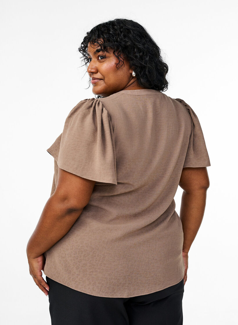 Blouse met korte mouwen met ruches en V-hals, Bruin, Model image number 2