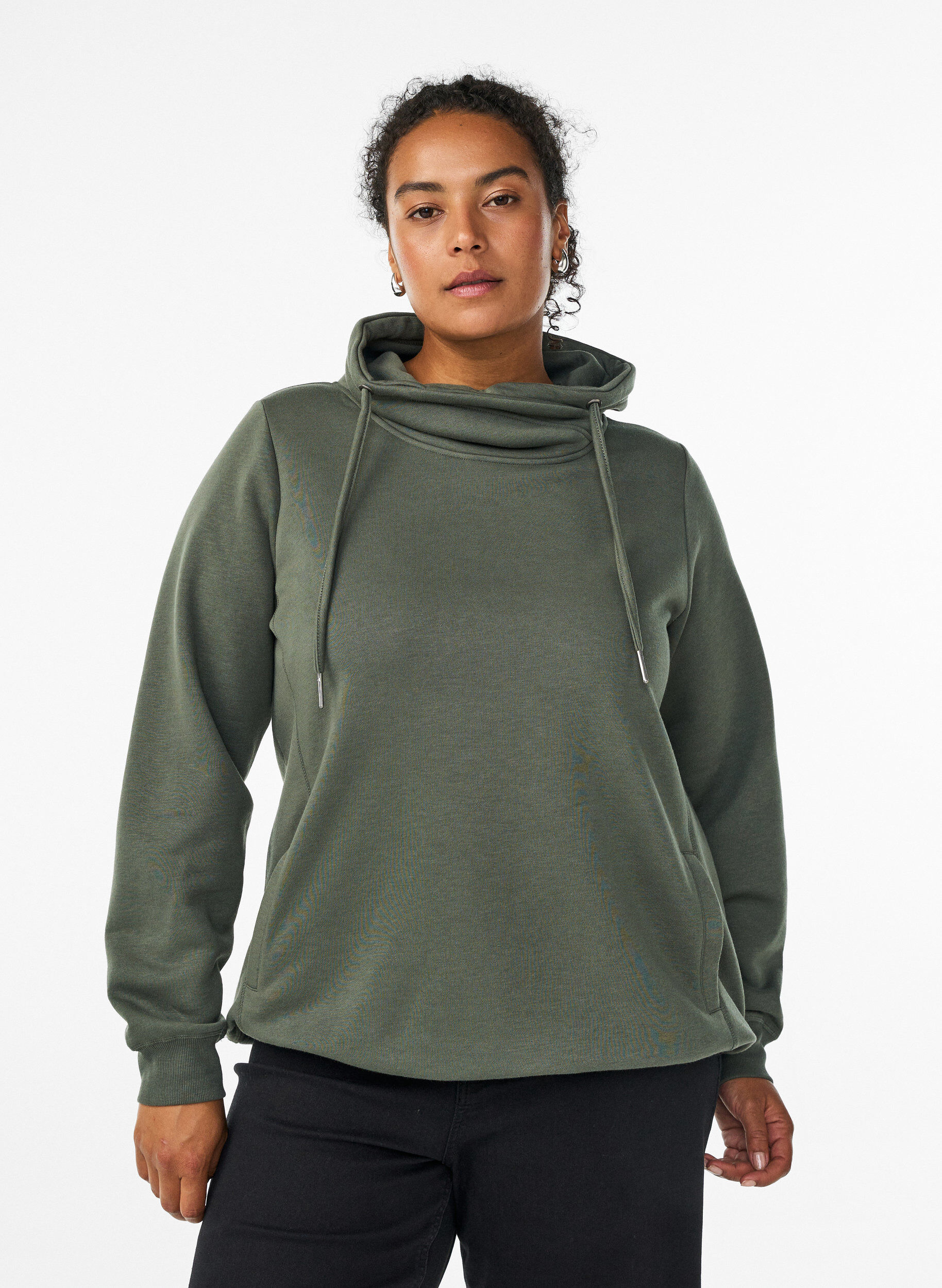 Sweatshirt met hoge kraag en zakken, Groen, Model