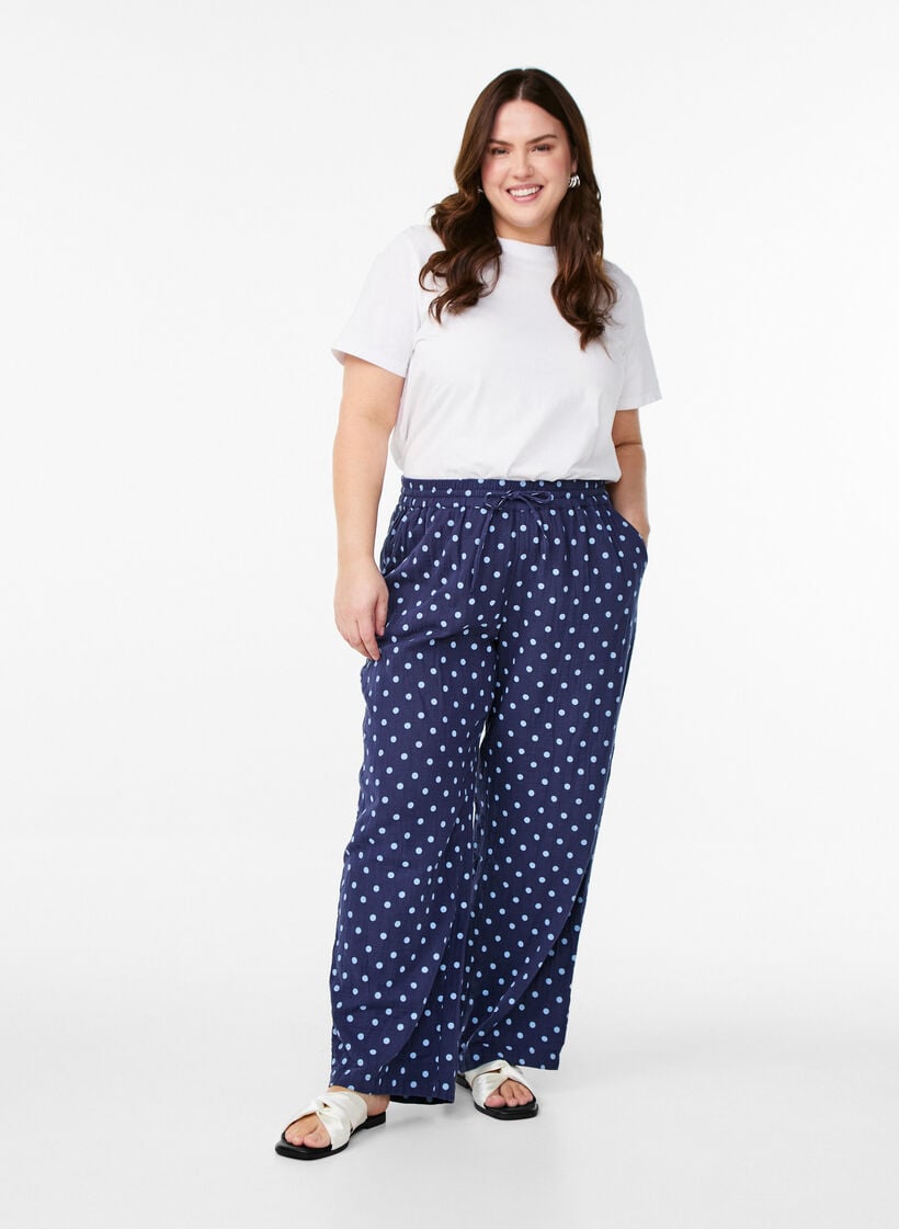 Losse broek in een patroon van katoenen mousseline, Blauw, Model image number 0