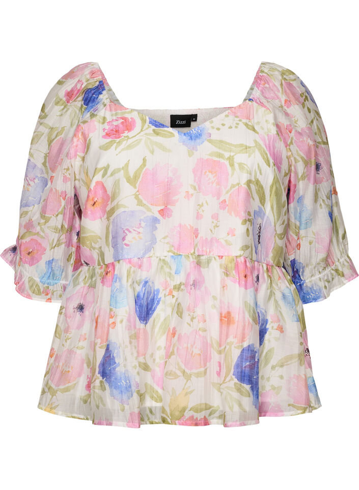 Blouse en lyocell &agrave; imprim&eacute; floral et d&eacute;collet&eacute; en c&oelig;ur, Blanc, Packshot image number 0