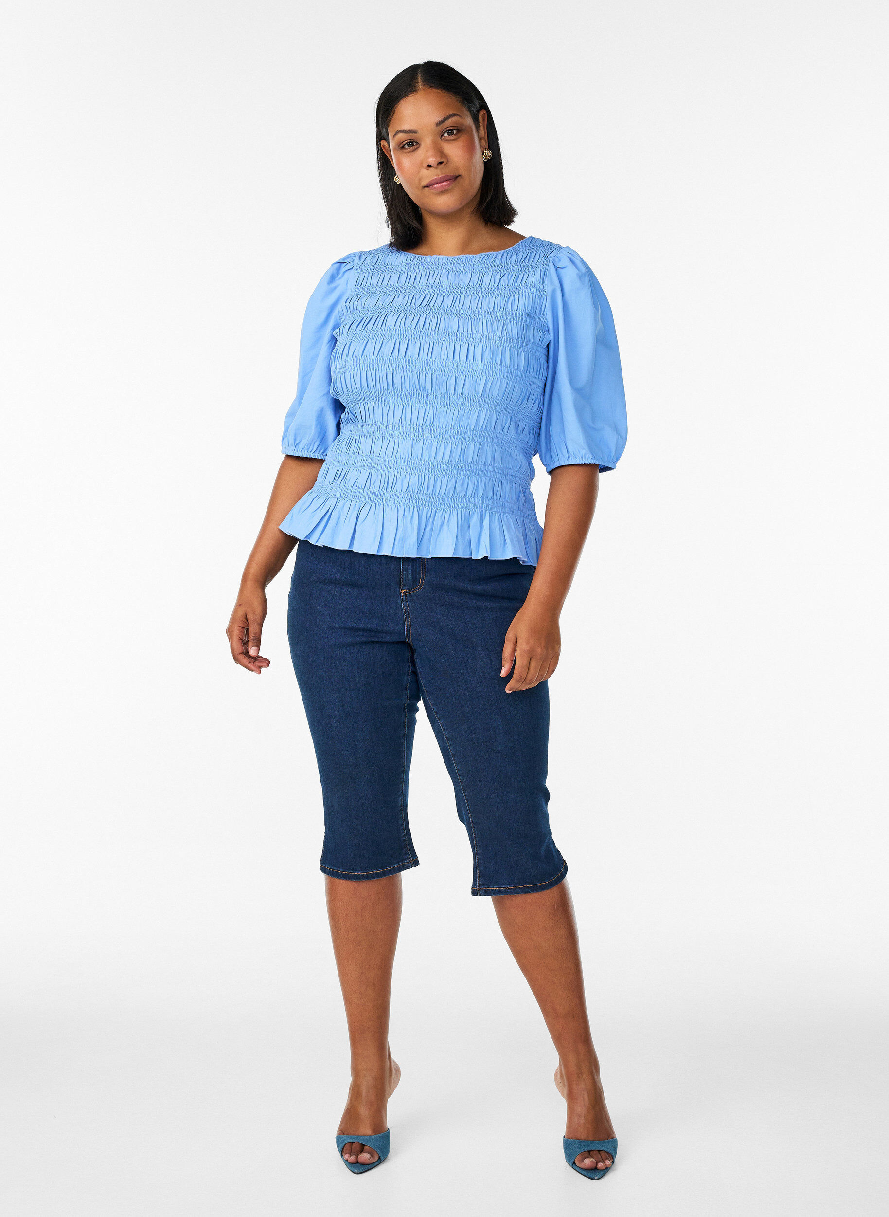 ZizziSmock blouse met volantzoom en boothals, Blauw, Model image number 1
