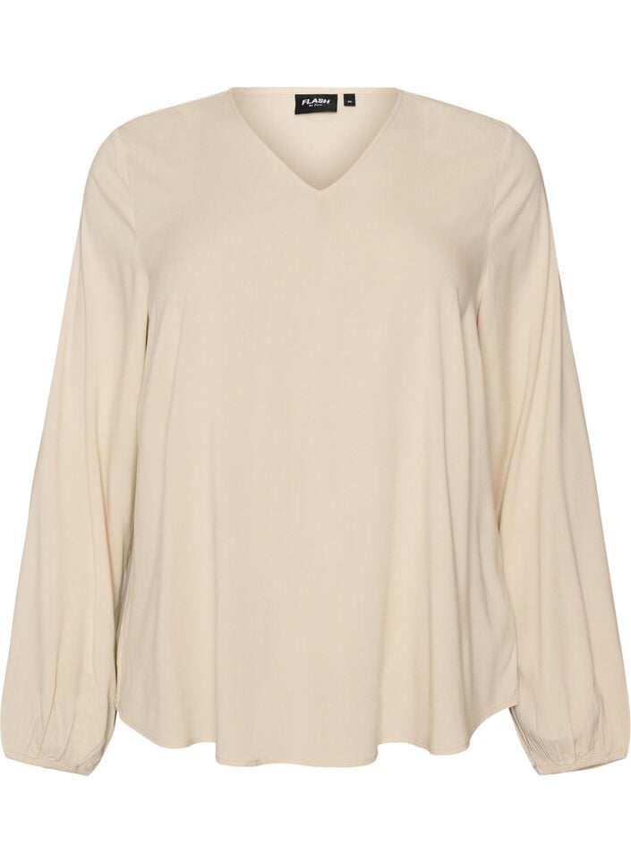 Viscose blouse met V-hals en afgeronde zoom, Beige, Packshot image number 0