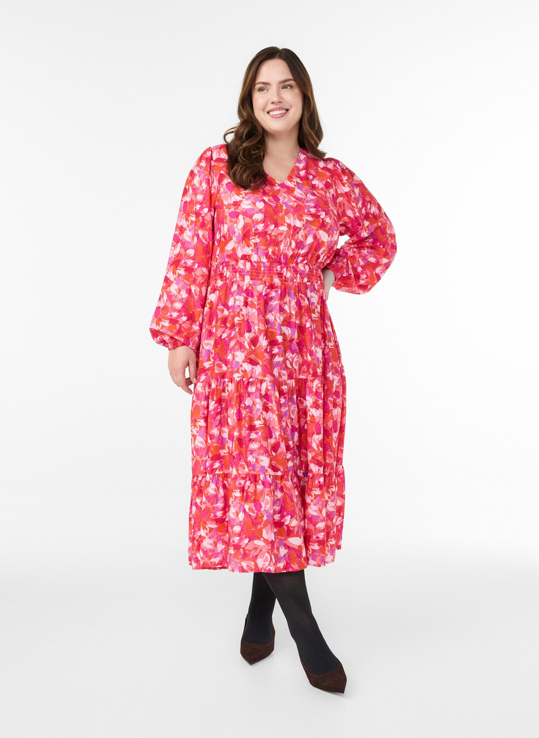 Midi-jurk met kleurrijk bladerenpatroon, Roze, Model