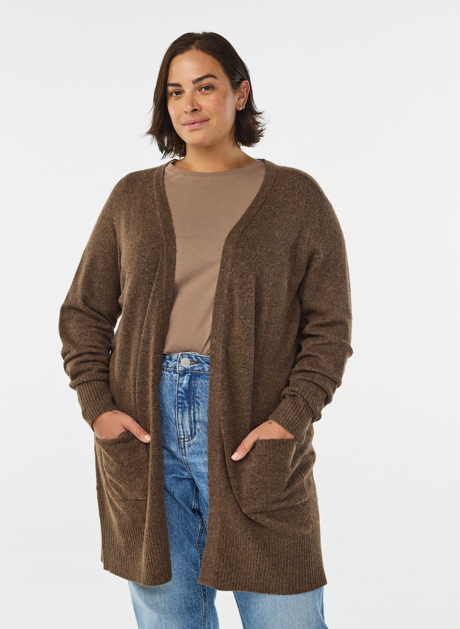 Cardigan en tricot c&ocirc;tel&eacute; avec poches, Marron, Model