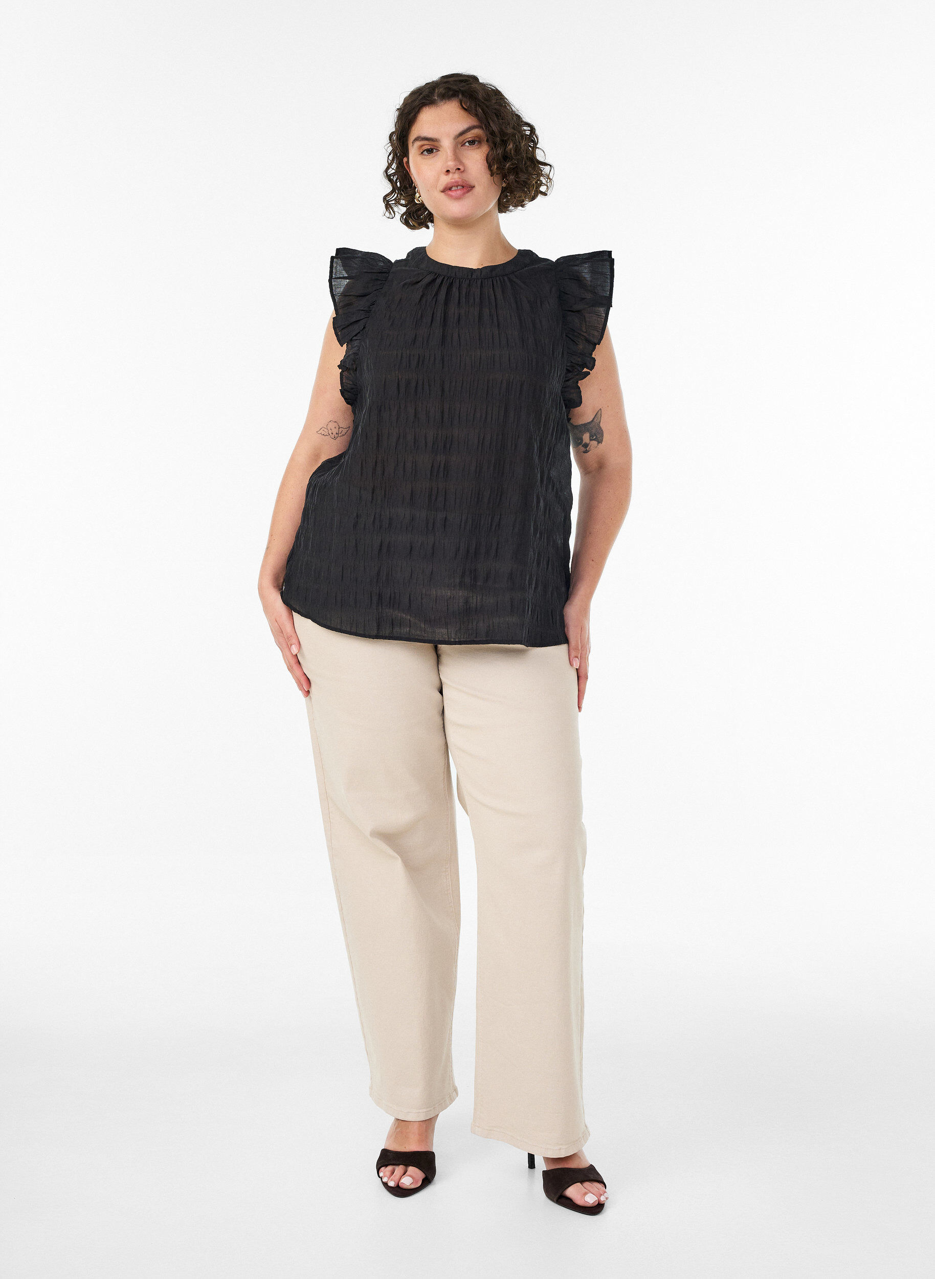 ZizziBlouse met textuur en ruches zonder mouwen, Zwart, Model image number 1
