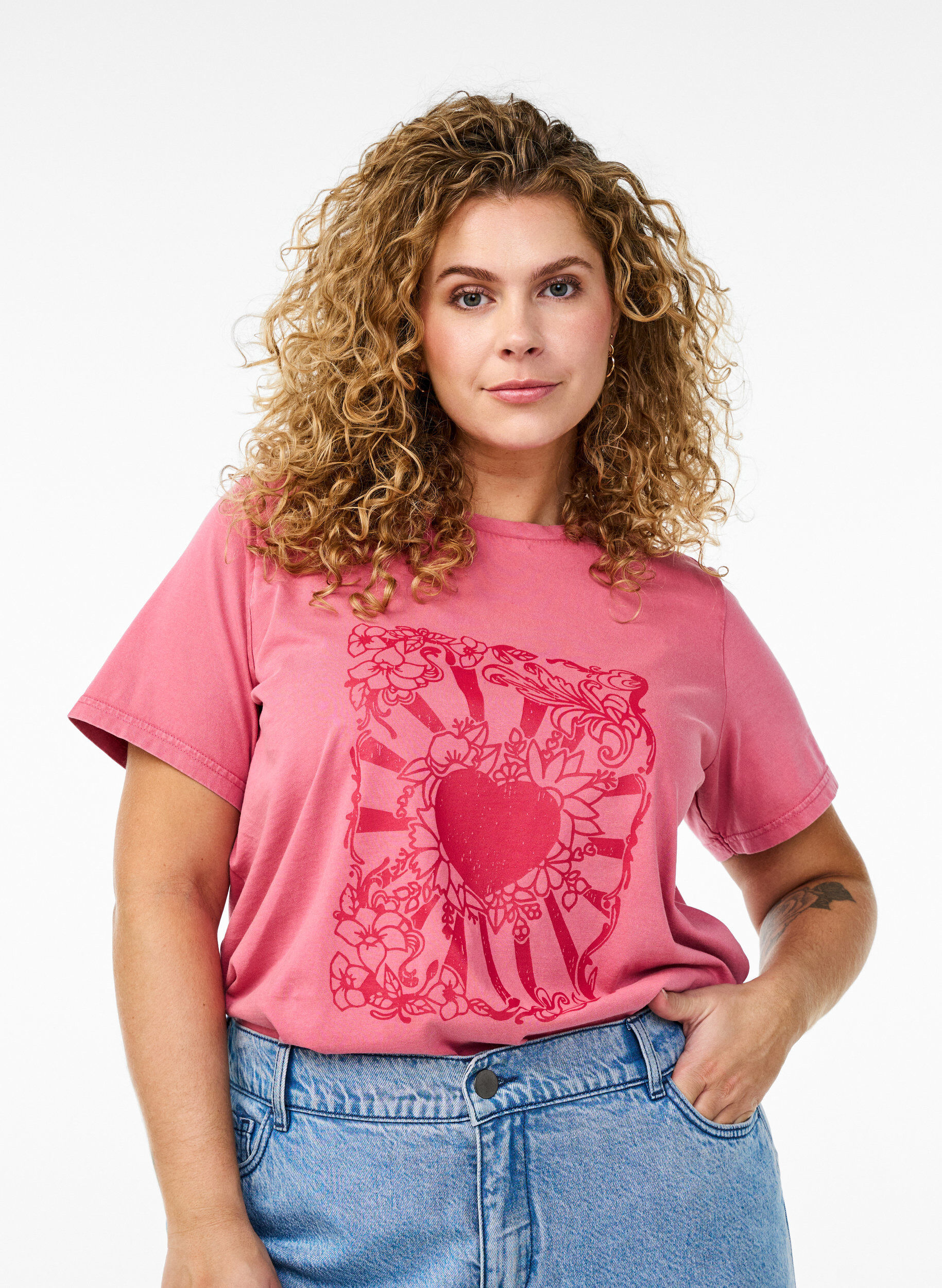 ZizziT-shirt in biologisch katoen met een coole print, Roze, Model image number 0