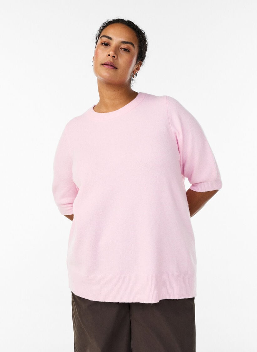 Gebreide blouse met korte mouwen, Roze, Model image number 0