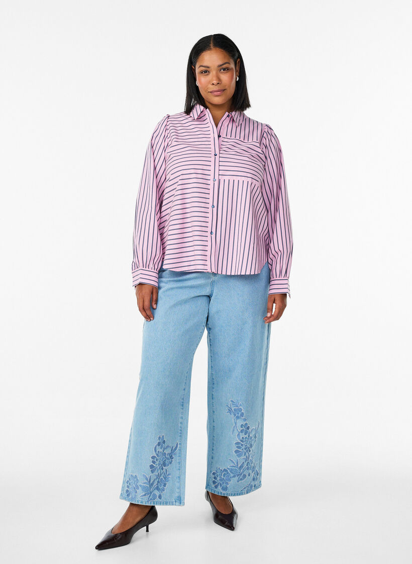 Gestreept shirt met een klassieke kraag en lange mouwen, Roze, Model image number 1