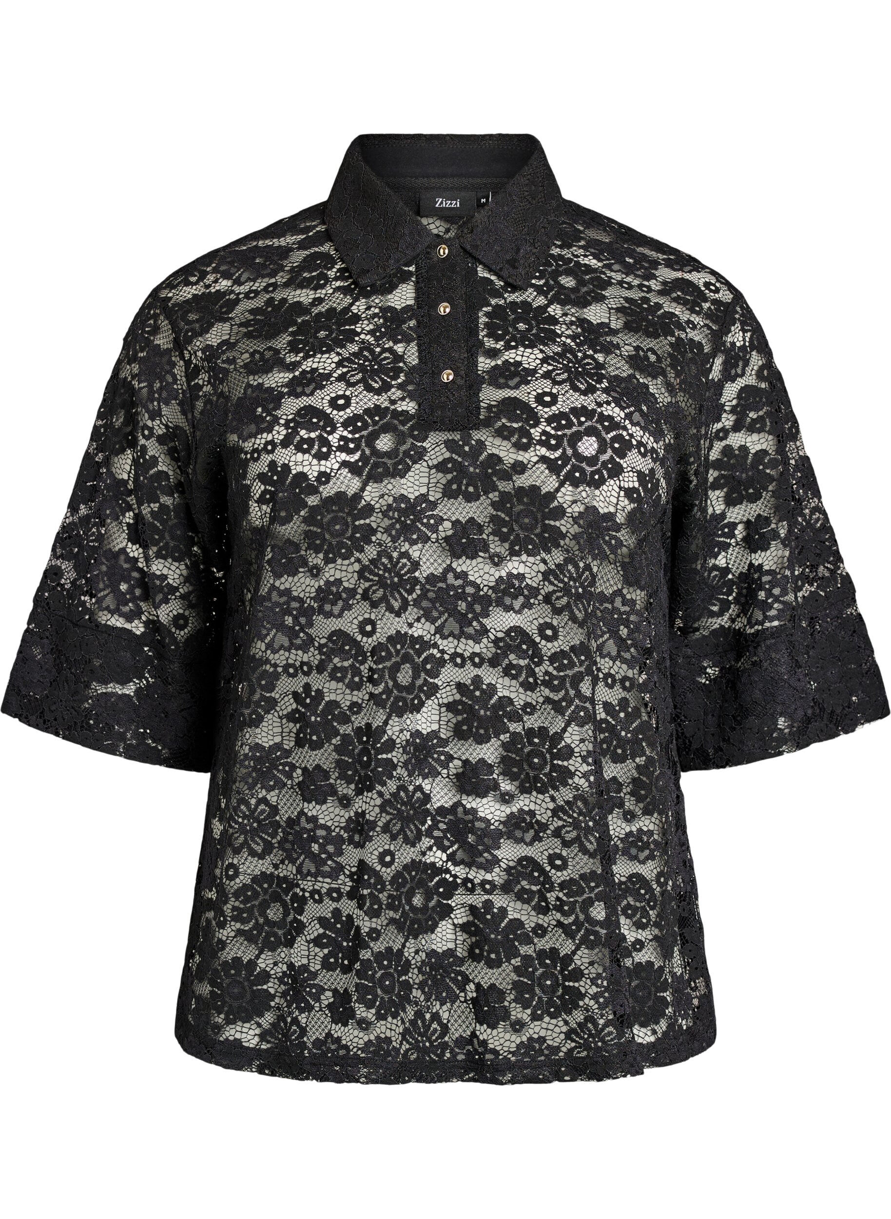 ZizziKanten blouse met kraag en 1/2 mouwen, Zwart, Packshot image number 0