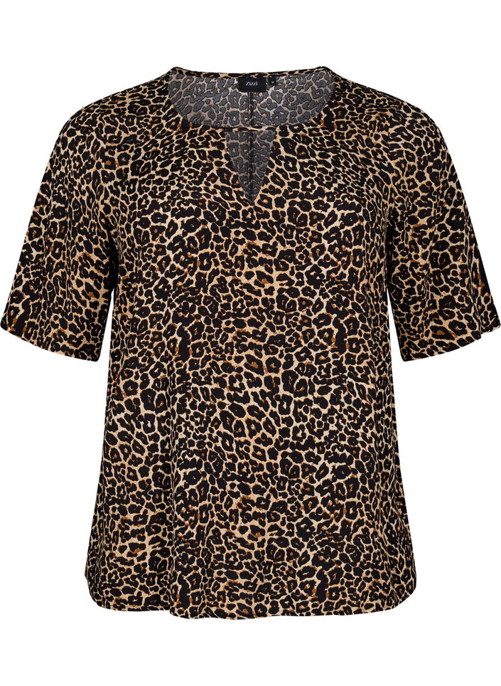 Korte mouw visrose Blouse met print, Bruin, Packshot image number 0