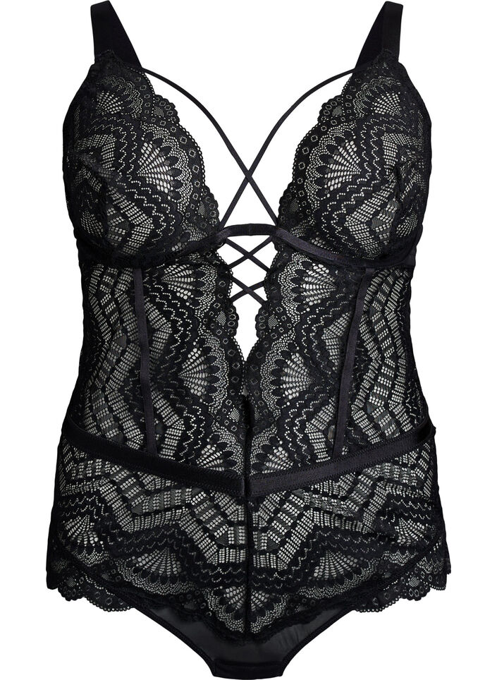 Kantbody met vetersluitingdetails, Zwart, Packshot image number 0