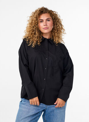 ZizziKatoenen shirt met ton-sur-ton bloemenborduursel, Black, Model image number 0