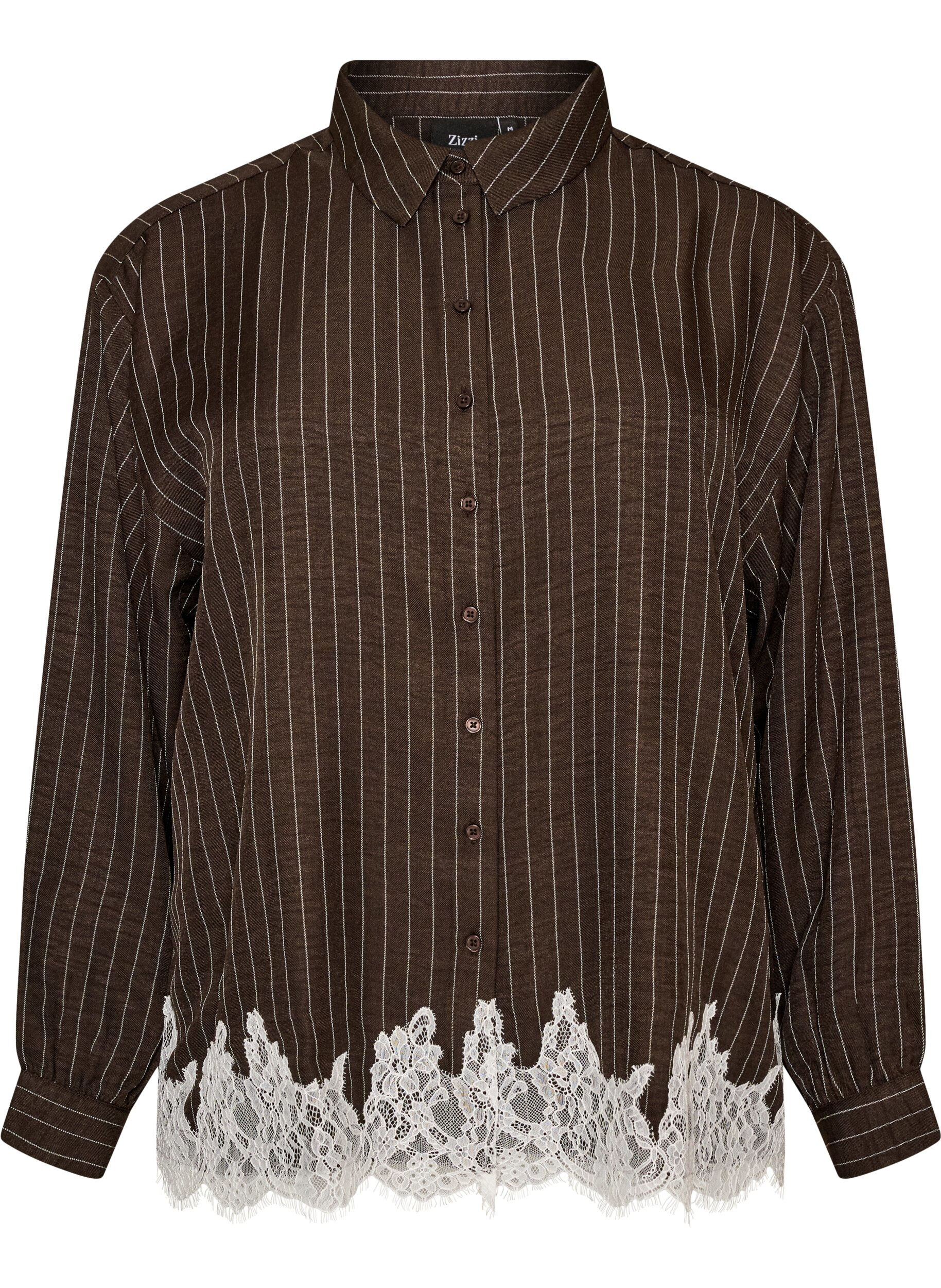 Krijtstreepblouse met kanten rand