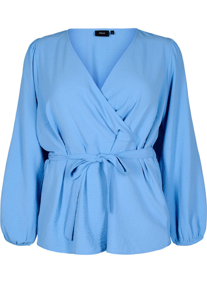 Omslagblouse met lange mouwen en striksluiting, Della Robbia Blue, Packshot