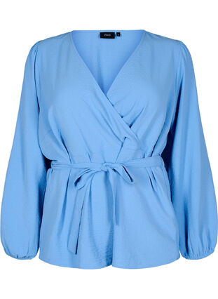 ZizziOmslagblouse met lange mouwen en striksluiting, Della Robbia Blue, Packshot image number 0