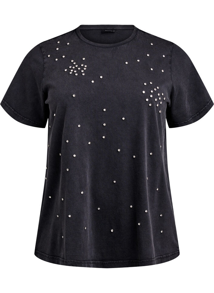 Dit T-shirt met een gewassen look en rhinestones, Grey Washed, Packshot