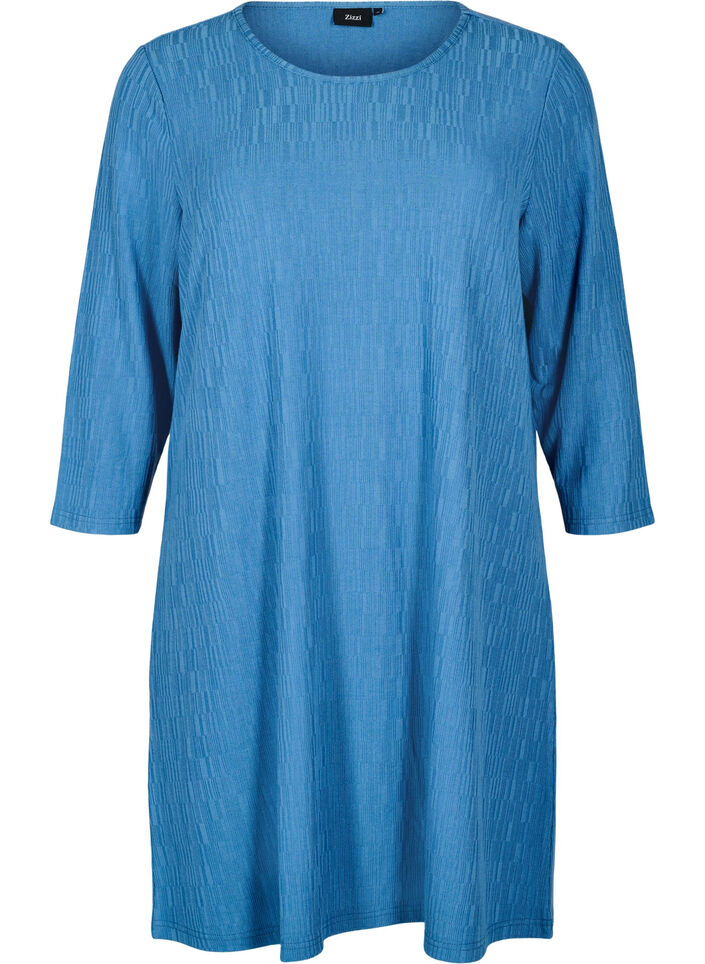 Jurk met textuur en 3/4 mouwen, Blauw, Packshot image number 0