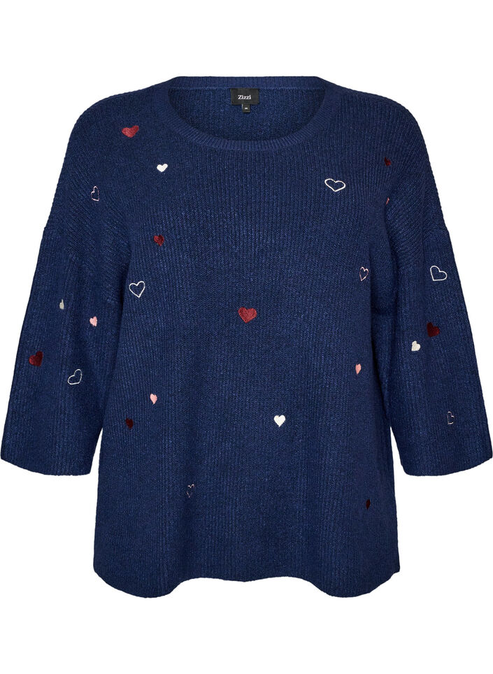 Jumper met hartjes en 3/4 mouwen, Blauw, Packshot image number 0