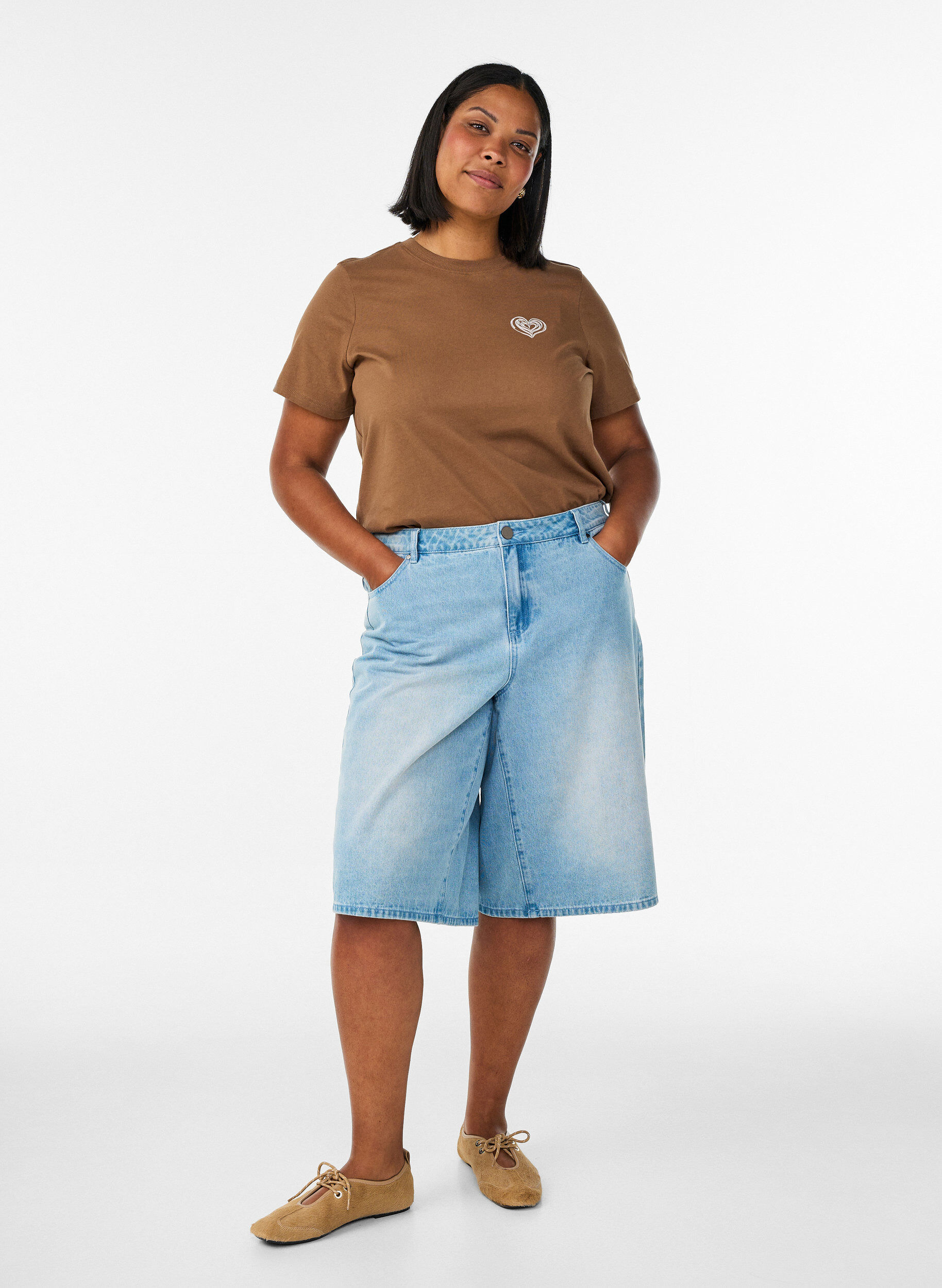 ZizziKatoenen T-shirt met print, Bruin, Model image number 1