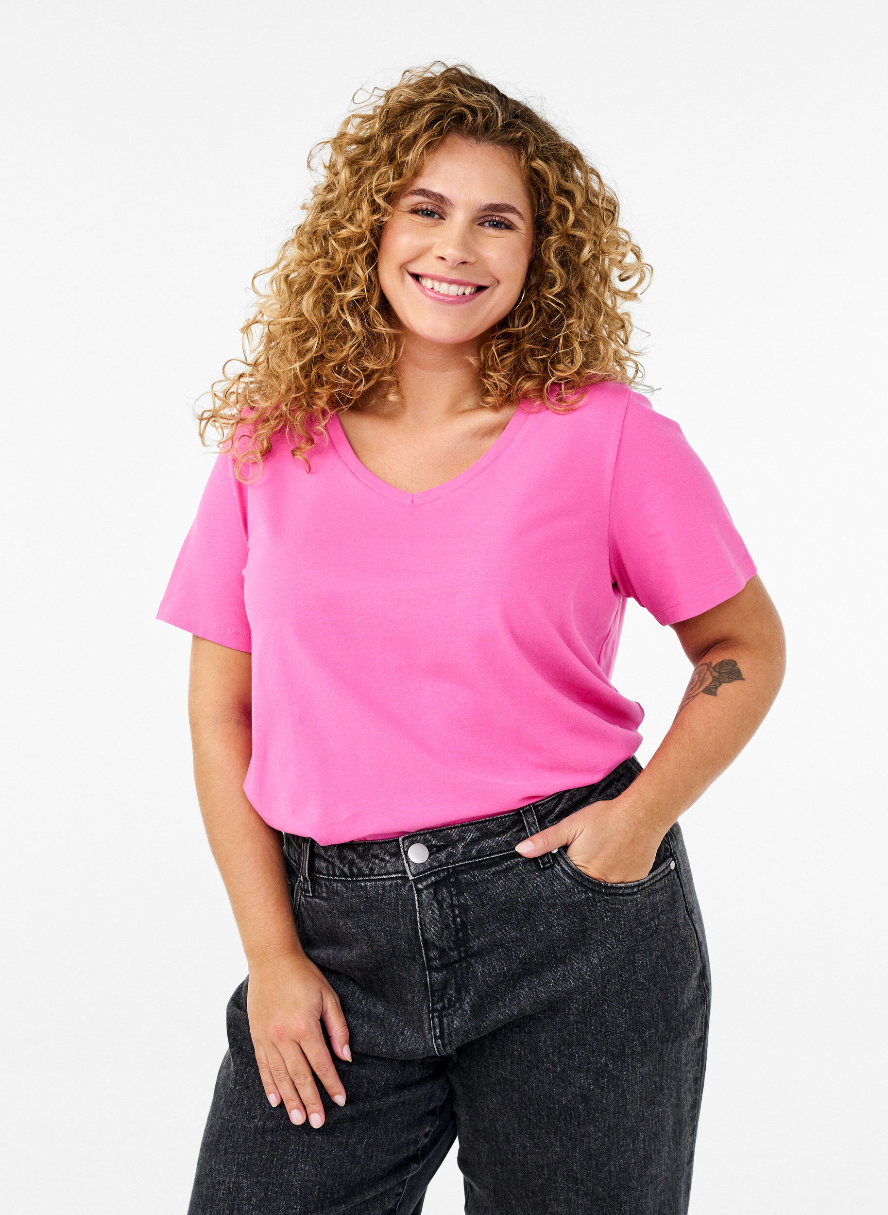 Effen basic T-shirt van katoen, Roze, Model