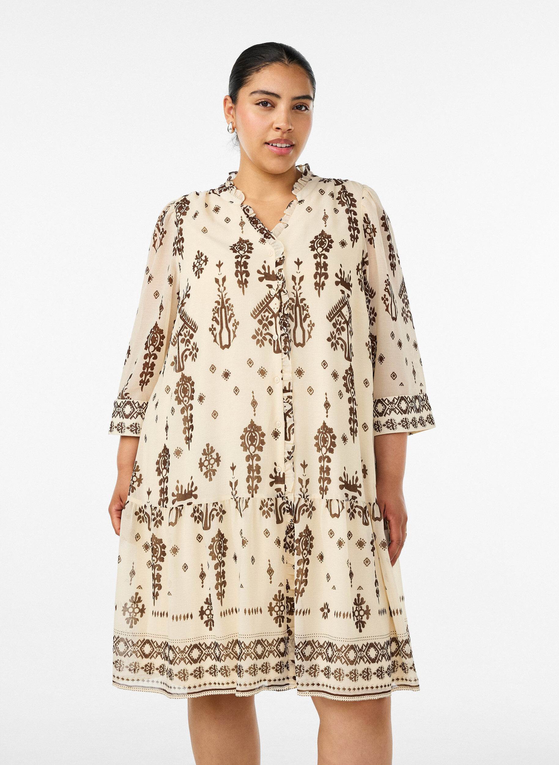 Jurk met ornamentprint en ruchekraag, Beige, Model