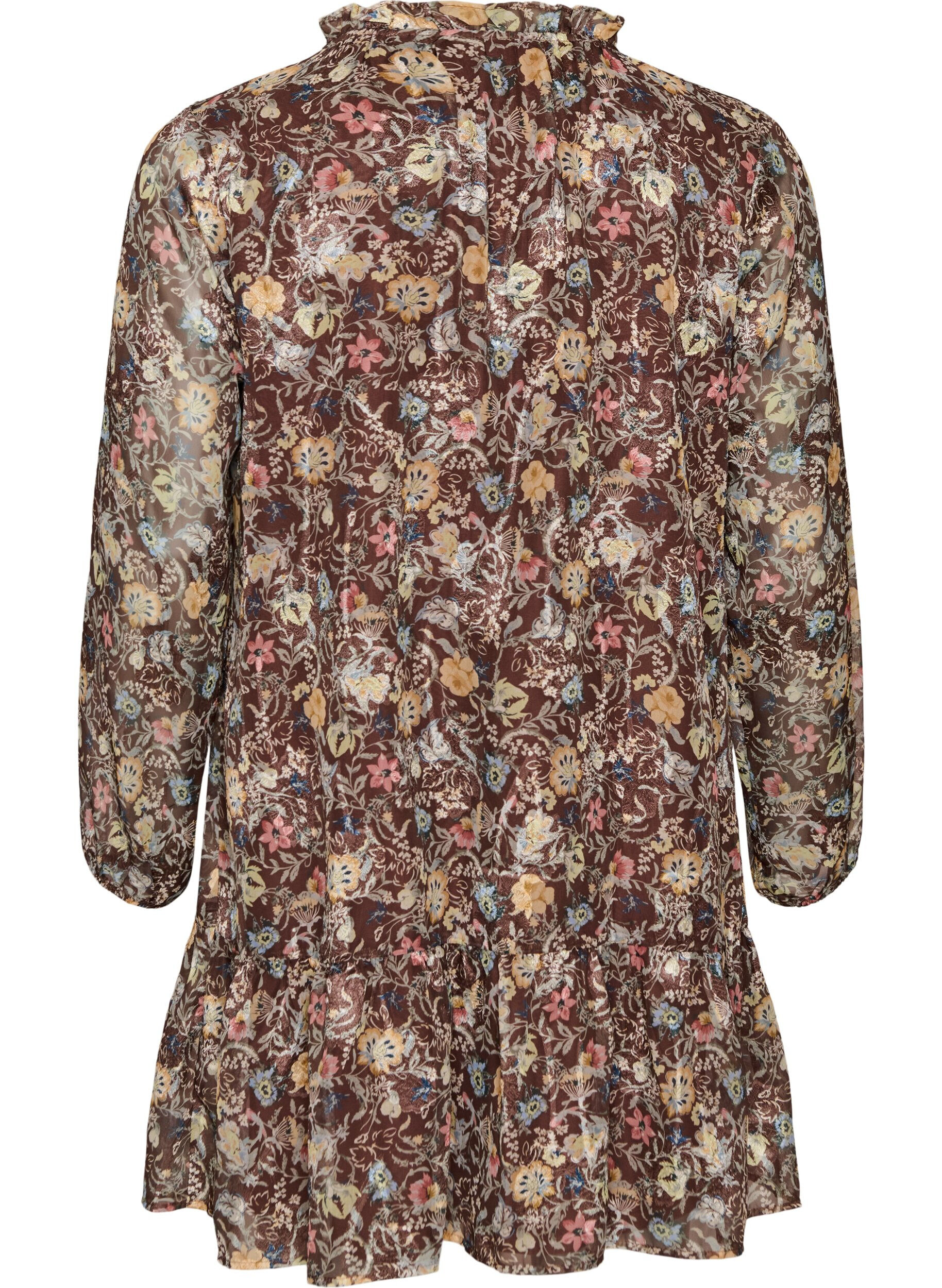 ZizziChiffon jurk met bloemenprint en rucheslagen, Bruin, Packshot image number 1