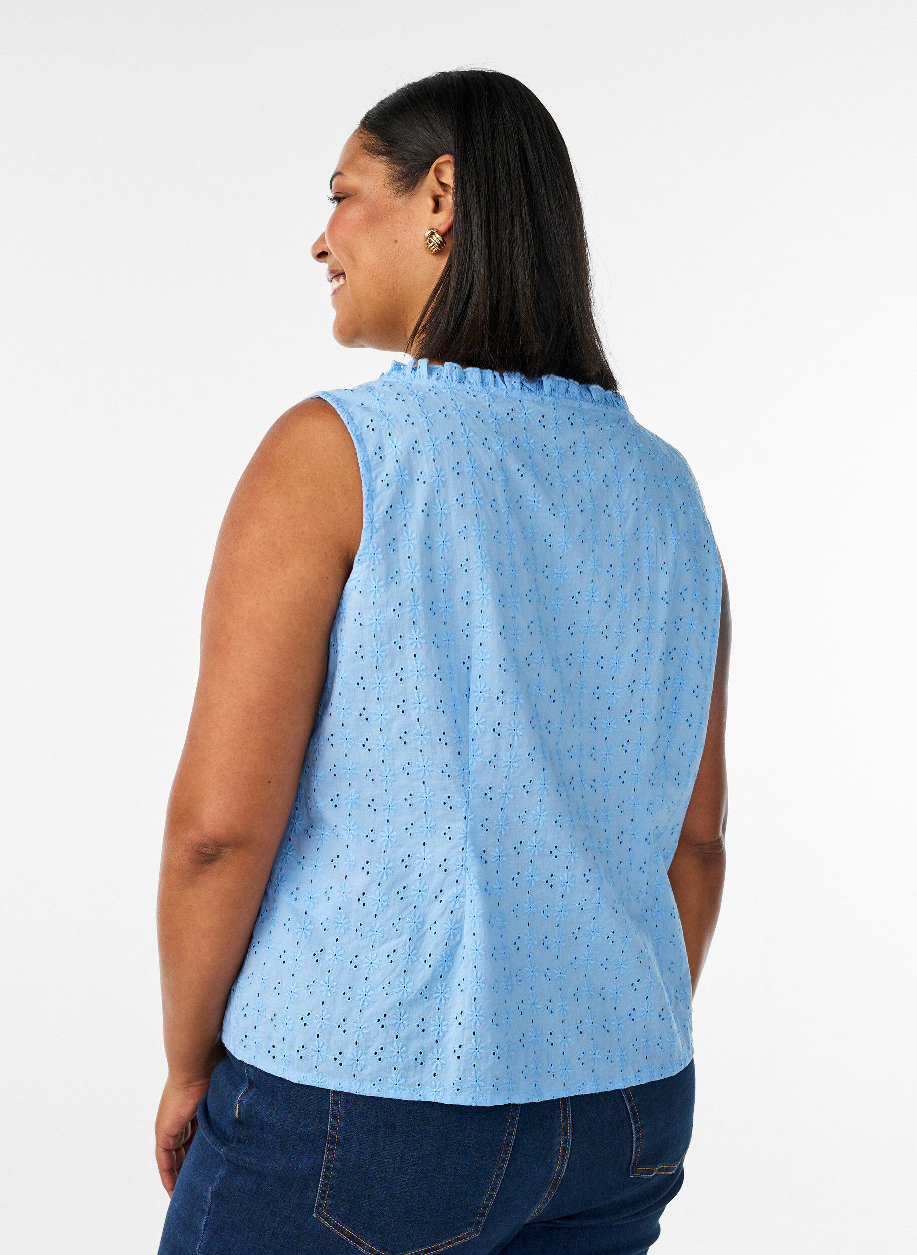 ZizziMouwloze blouse met broderie anglaise en ruches, Blauw, Model image number 2