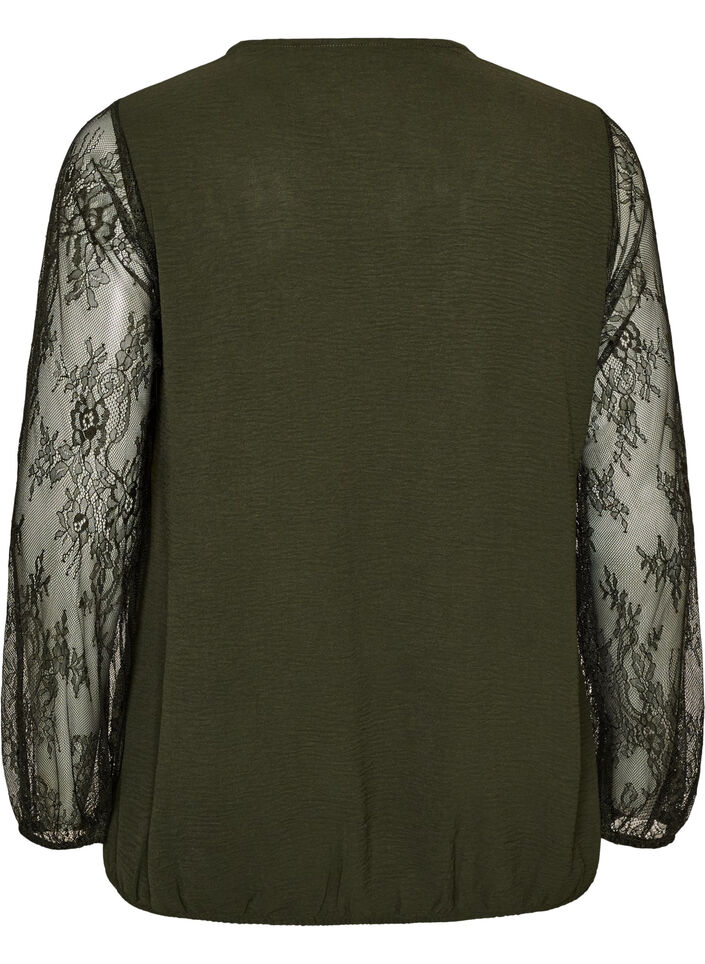 Blouse met kanten mouwen en ballonvorm, Groen, Packshot image number 1