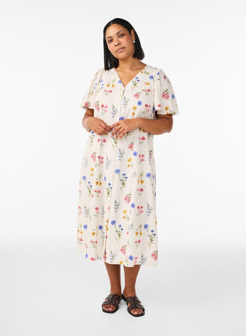 Midi jurk in linnen en viscose met ruchesmouwen, Beige, Model image number 0