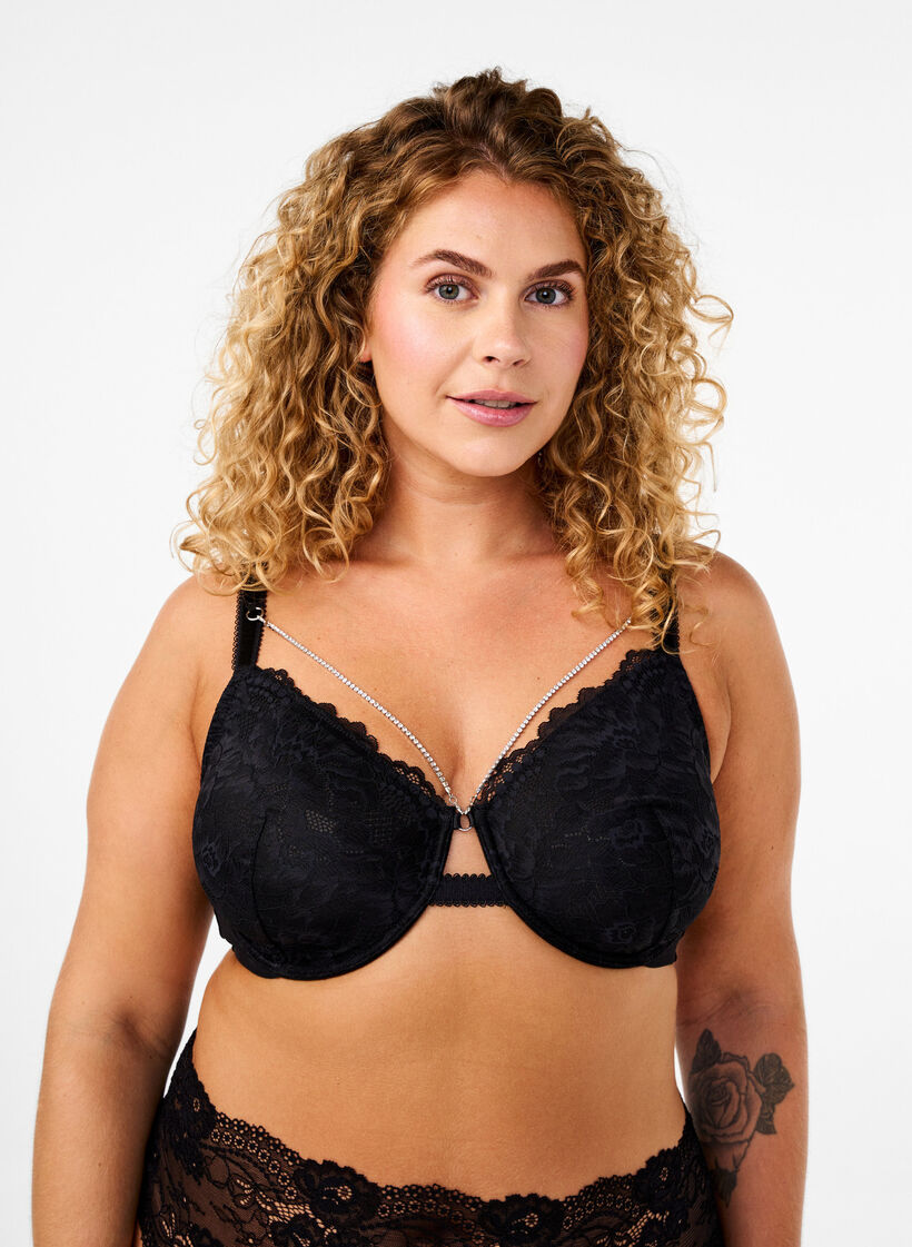 Volledig dekkende kanten bh met kettingdetail, Black, Model