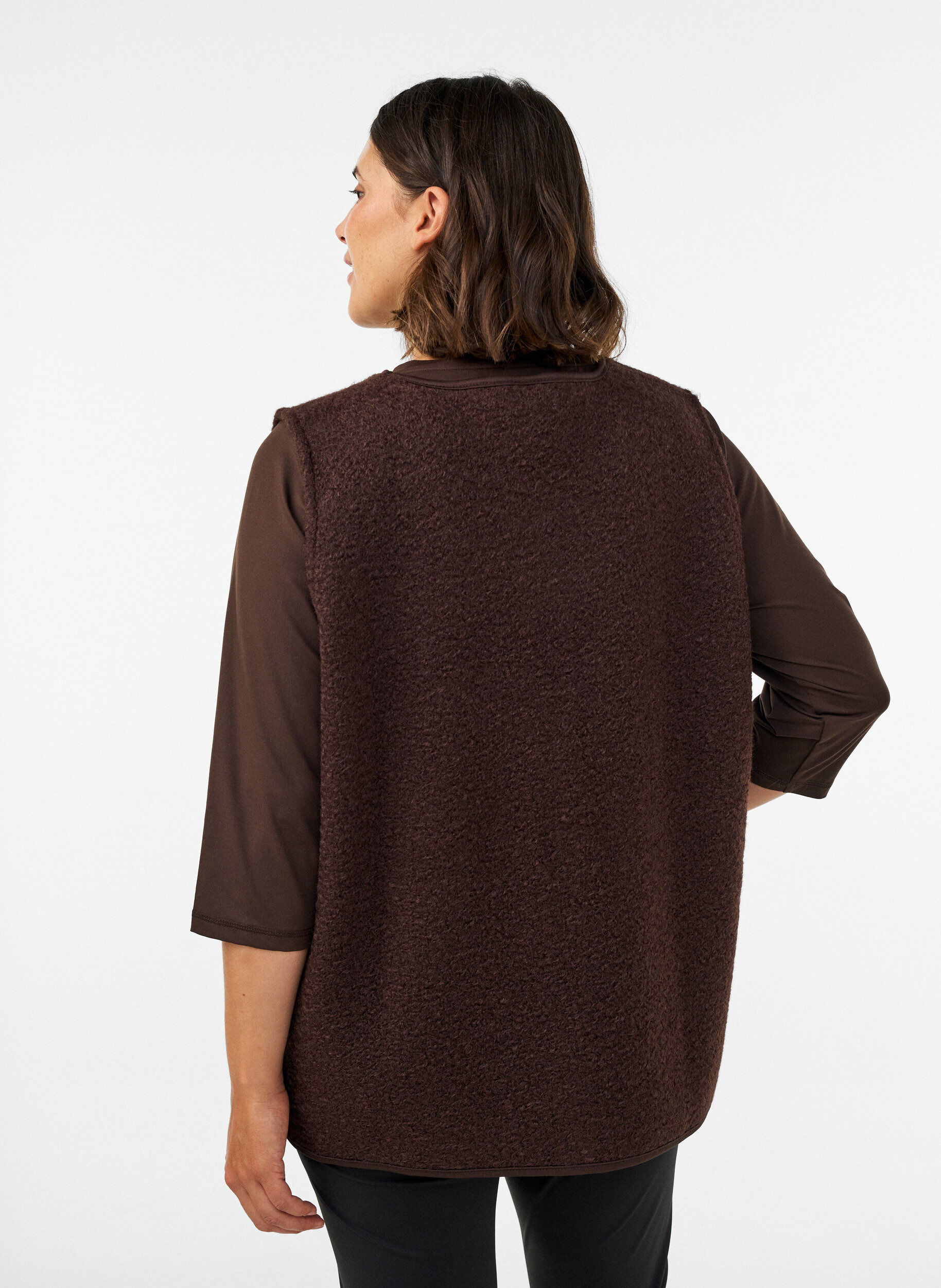 ZizziFleecemouwloos vest met drukknoopjes en zijzakken, Bruin, Model image number 2