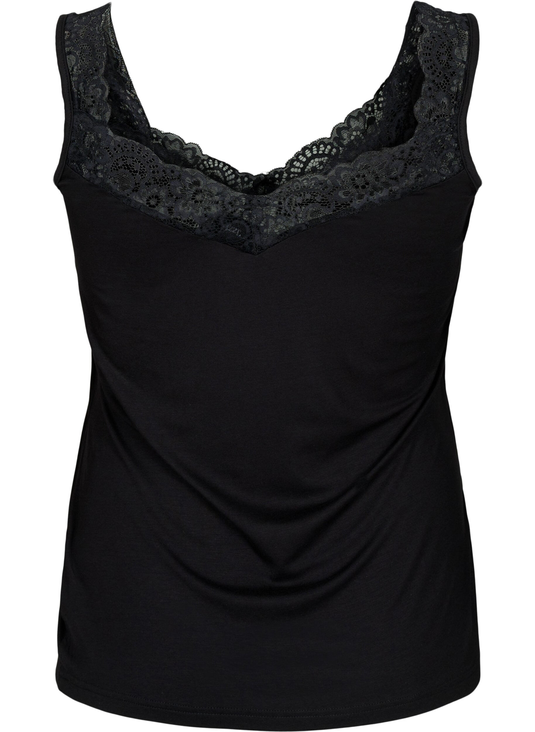 ZizziViscose top met kanten rand, Zwart, Packshot image number 1