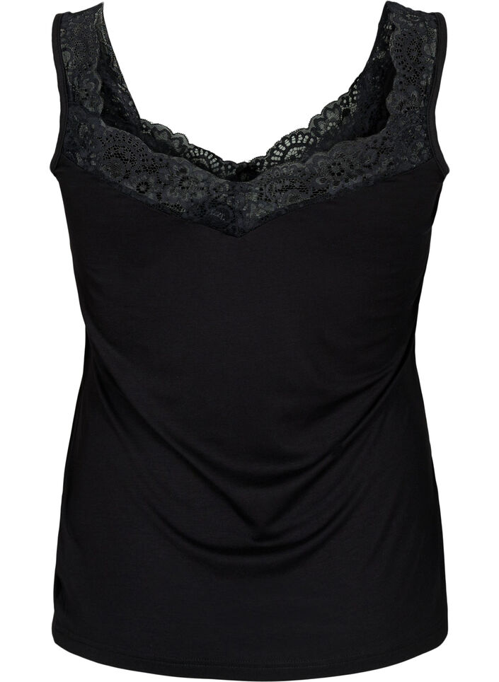 Viscose top met kanten rand, Zwart, Packshot image number 1