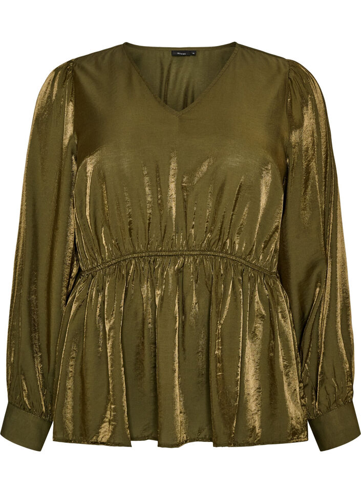 Glanzende viscose blouse met peplumeffect, Groen, Packshot image number 0