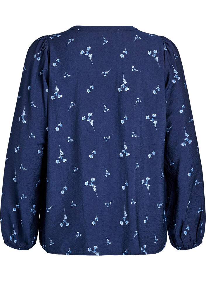 Blouse met knoopsluiting en kleine bloemen, Blauw, Packshot image number 1
