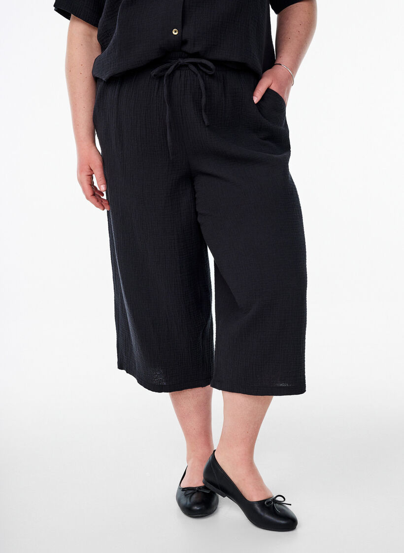 Culotte broek van katoen met hoge taille, Zwart, Model image number 2