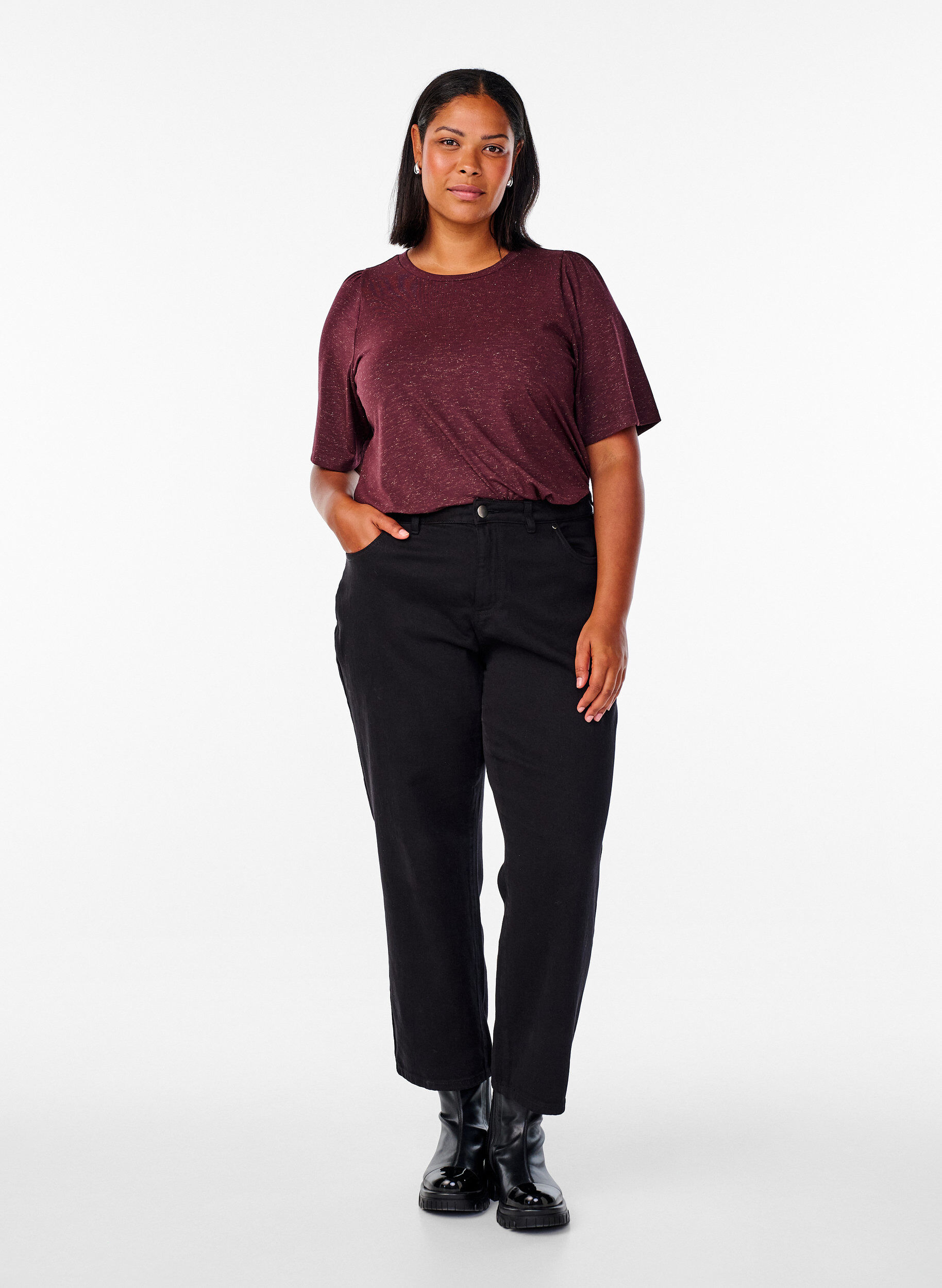 ZizziT-shirt met glitters en korte pofmouwen, Donker Bordeaux, Model image number 1