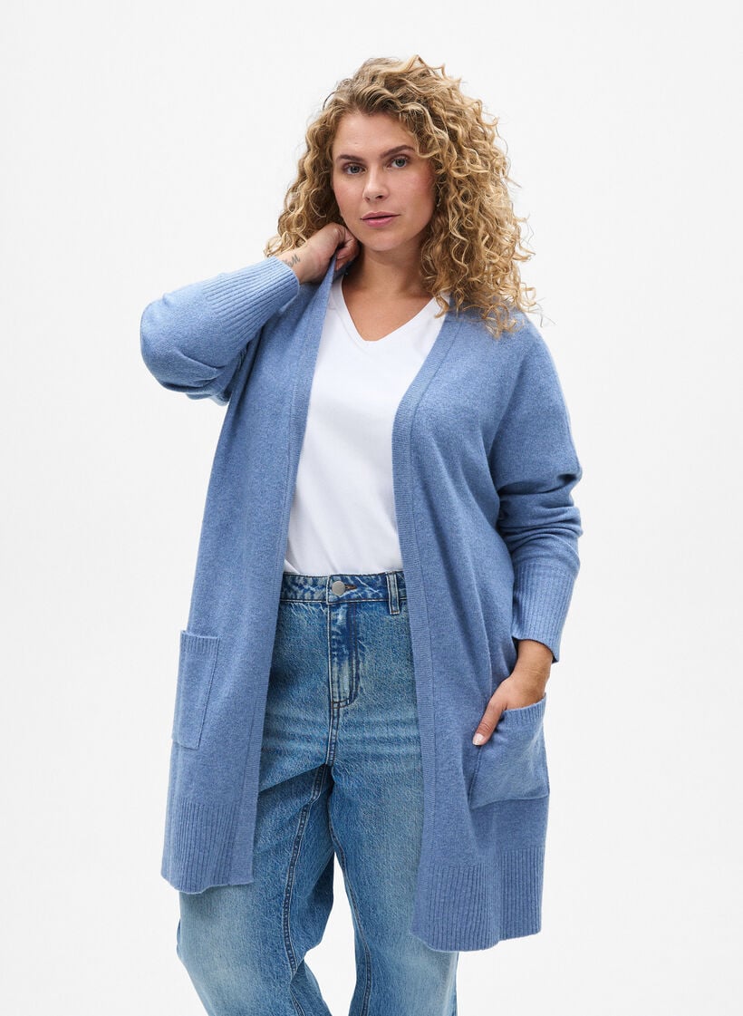 Cardigan en tricot c&ocirc;tel&eacute; avec poches, Bleu, Model image number 0