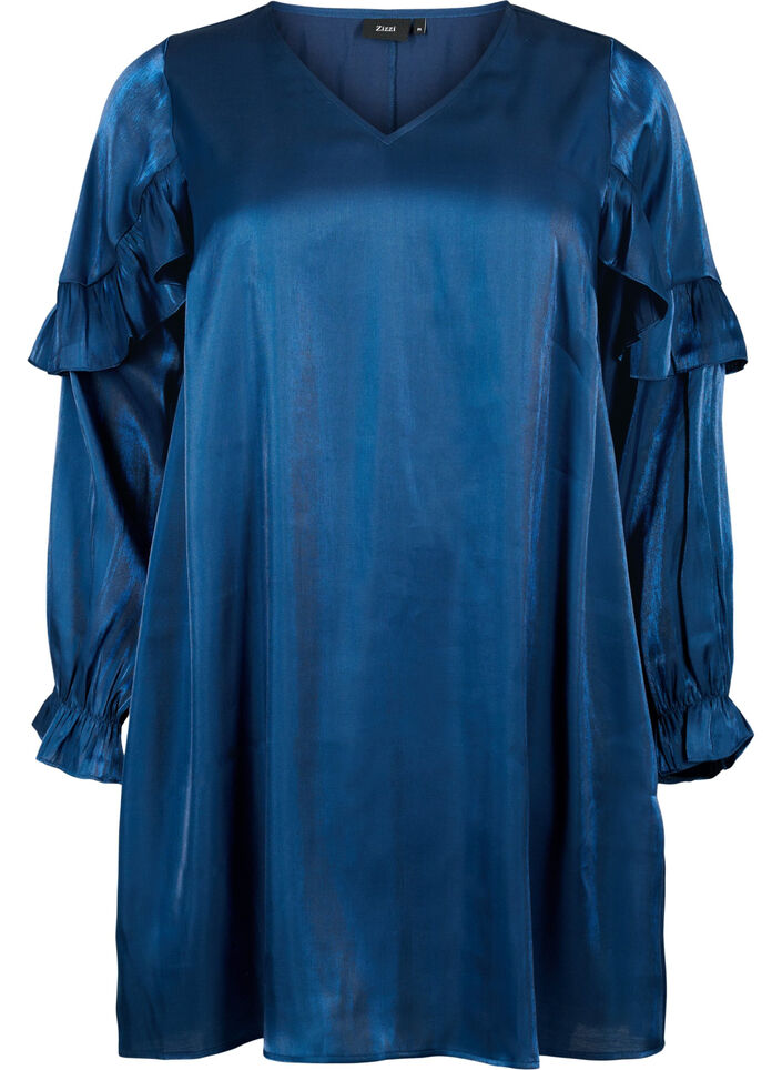 Viscose jurk met V-hals en ruches, Titan, Packshot image number 0