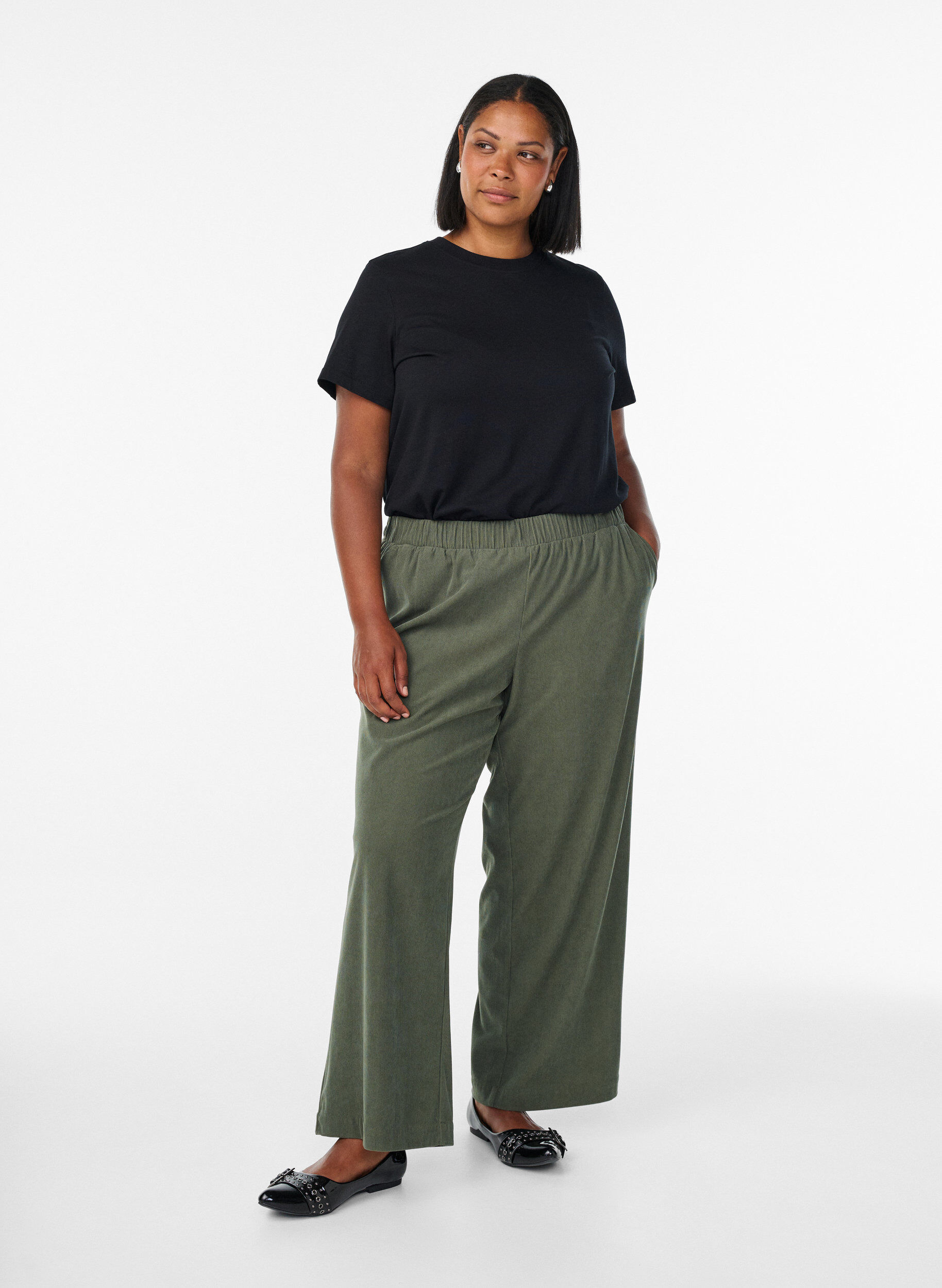 Fluwelen broek met wijde pijpen, Groen, Model